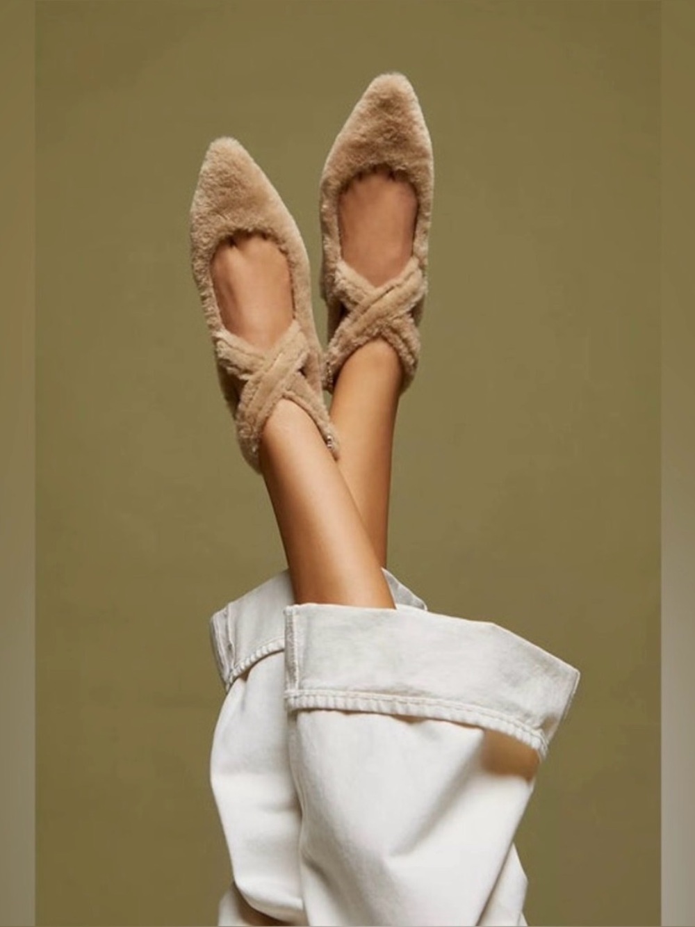 Free People Faux Fur Shearling Parisa Pointed Fuzzy Flats Almond Butter Size 11